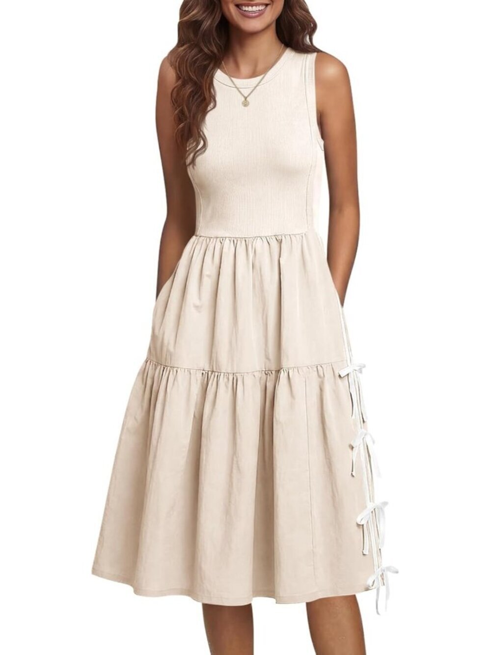 Women's Khaki Ribbed Knit Patchwork Self-tie Bow Loose Active Tank Midi Dresses